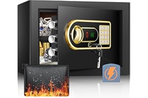 Mejasg Caja fuerte de 25 L, resistente al fuego, impermeable, con estante extraíble y compartimento externo para pilas, caja fuerte para muebles, para dinero en efectivo, joyas, medicamentos,