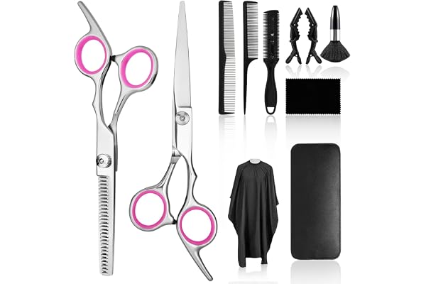 Flintronic 11Pcs Kit Ciseaux Coiffure, Ciseaux à Cheveux Professionnels pour Désépaissir, Ciseaux de Coiffure en Acier Inoxydable à Haute Teneur en Carbone, Cape de Coiffure, Peigne, Barret