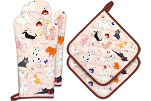 ‎ARQUIEL Arquiel Ofenhandschuh und Topflappen Hund 4er Set, 100% Baumwolle Kochhandschuhe, Hitzebeständiger Küchenhandschuh Zum Kochen Backen Grillen Geschenk