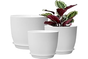 PROFIKLA 30cm, 25cm,23cm Plastic Plant Pots, Pack of 3 Planters, Large Plant Pots with Drainage Holes and Saucers, Modern Decorative Flower Pots, White