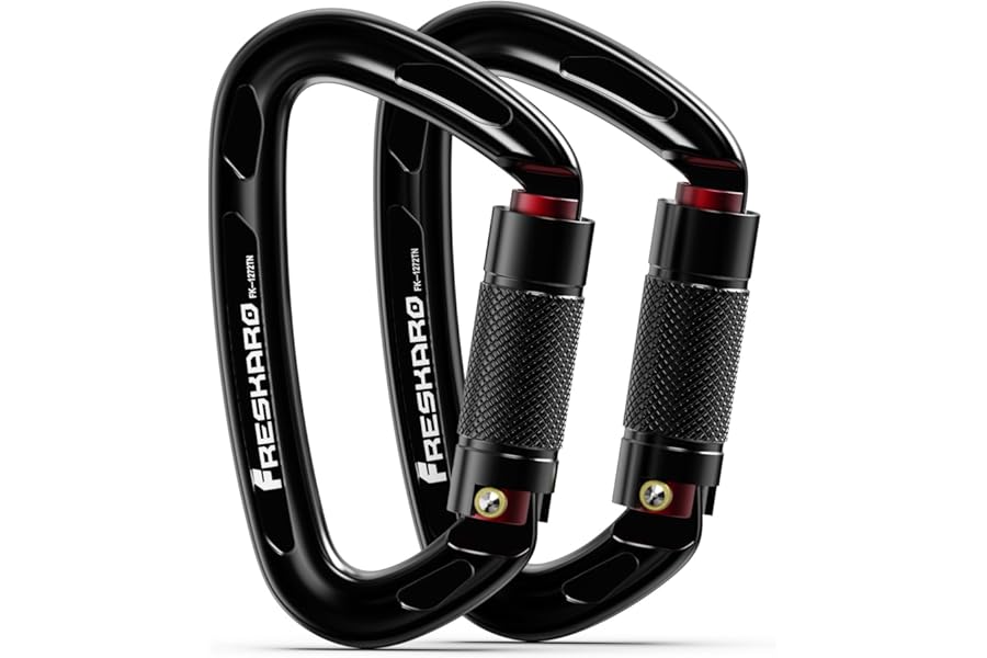 FresKaro CE and UIAA Certified Climbing Carabiners, 25kN/2550kg, Twist Lock, Suit for Rock Climbing, Rappelling, Camping, Dog Leash, Hammock, Swing, Yoga etc, D Shaped, Large Size, Black