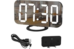 U-picks Sveglia a specchio, Sveglia digitale Ampio display a LED da 6,5 "con modalità di rilevamento della luce, luminosità regolabile, 2 porte di ricarica USB Grande pulsante SNOOZE