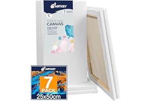 ARTKEY Stretched Canvas for Painting 25x50cm 7-Pack, 300 GSM Triple Primed Acid-Free 100% Cotton Framed Canvas, Large Blank Art Canvases for Acrylics Pouring Oil Watercolor Painting