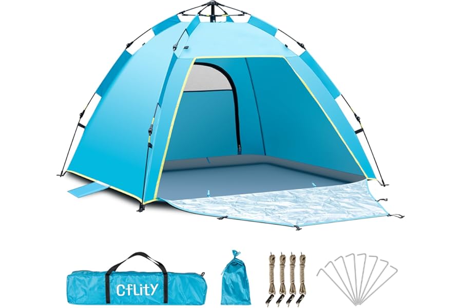 Cflity Pop Up Beach Tent, 1-3 Person Automatic Instant UV 50+ Extra Large Sun Shelter Tent, Lightweight Portable Outdoor Beach Tent with Double Door for Garden, Fishing, Picnic