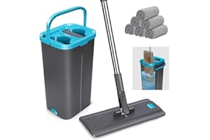 MASTERTOP Balai Serpillère et Seau Essoreur, Seau Balai Serpillière Rotatif 360°, Balai Microfibre Plat, Vadrouille Mains Libre pour Nettoyage Sol, avec 6 Tampons Réutilisables (Gris foncé)