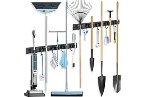 Airminti Besenhalterung Wand, 2 Stück Gartengerätehalter mit 5 Halter 4 Haken, Verschiebbar Abnehmbar Wandhalterung Besen Gerätehalter Edelstahl Selbstklebend für Zuhause Küche Badezimmer (schwarz)