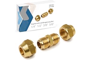 IDONEO LINEA Klima Verlängerung 1/4", 1/2", 3/8", 5/8" Messing Verbindungsnippel mit Überwurfmutter für Kältemittelleitungen Klimaanlage Verschraubung Kupferrohrverlängerung Kupferrohr Verbinder Doppelnippel