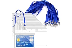 ROSSHINE 50pcs Blue Lanyards for Neck with 50pcs Card Holder, Clear Plastic ID Card Holder and Lanyard, Horizontal Sealable Waterproof Name Badge Holders with Lanyard for ID Cards, Office, School, Bus Passes