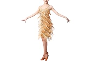 FYMNSI Damen Glänzende Kleider Mit Quaste V-Ausschnitt Latein Tanzkleid Fransenkleid Samba Tango Latin Salsa ChaCha Kleid