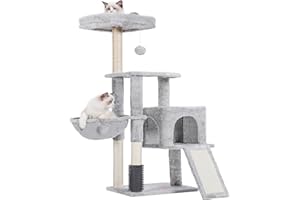 Heybly Rascador para Gatos, El Cepillo de Autolimpieza, El Árbol para Gatos Domésticos, con Peluche Liso, Silla de Descanso, Nido de Gato con Panel y Postes de Raspado, Gris Claro HCT005SW