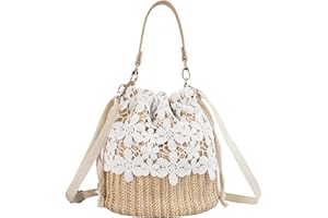 Anopo Borsa di Paglia a Tracolla da Donna in Pizzo Corda - Vimini Intrecciata Estate Rattan Boho Holiday Secchiello
