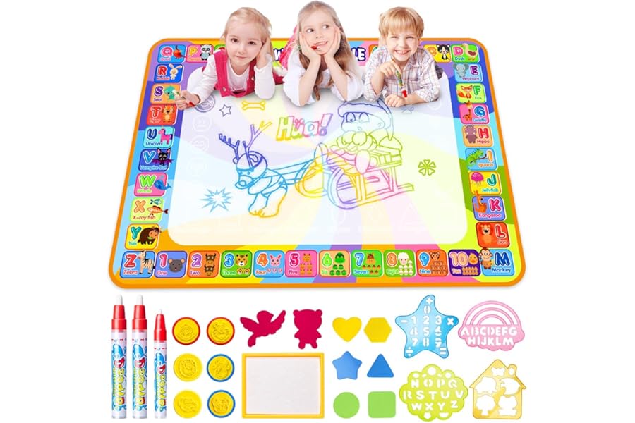 LOYO Water Doodle Magic Mat, 100 x 78cm Multicolored No Mess Water Drawing Mat with Water Pens & Stamps, Educational Toddler Toys for 3 to 6 Year Old Boys & Girls Crafts Gifts