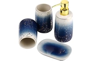 OUTER TREASURE Ceramic Bathroom Accessories Set, 4-Piece Gradient Blue Bathroom Accessories Set Complete with 2 Gargle Cups,1 Soap Dishes,1 Lotion Dispenser