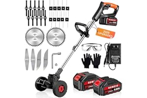 OUMEIU Cordless Strimmer, 15cm Cutting Width, Electric 21V Grass Trimmers with x 4.0Ah Batteries& Fast Charge& Metal Blade, Garden Strimmer Brush Cutter for Clearing Weeds Flower Lawn Trees (Black)