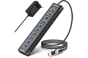 Hub USB Alimentado, RSHTECH 11 Puertos Hub USB 3.2 con Alimentación 60W(12/5A), Puerto Datos USB 10Gbps (2*Tip-C, 1*Tip-A), 7*5Gbps USB 3.0 y 20W PD, Divisor USB Aluminio con Cable 2 en 1, RSH-A11PD