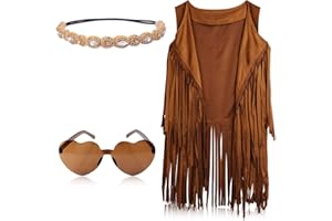 KINBOM Zestaw Kostium Hipisa z Lat 60. 70. dla Kobiet, Czech Hippie Costume Set Kamizelka z Fr?dzlami Opaska na G?ow? Okulary Przeciws?oneczne w Kszta?cie Serca dla Kobiet (XL)
