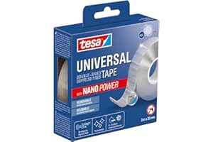 tesa Universal Nano Tape - transparentes, doppelseitiges Klebeband - leicht wiederablösbar und wiederverwendbar - wetterfest, für In- und Outdoor - 1 Rolle - 3 m x 30 mm