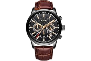 LIGE Men's Watch Chronograph Waterproof Quartz Analog Stainless Steel Leather Strap Design Calendar Watch…