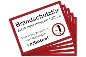 ‎STROBO 5 Stück Brandschutztür Premium Aufkleber A4 | 21 x 29,7cm DIN 4066 verkeilen, verstellen, festbinden oder ähnliches verboten Warnhinweis mit UV Schutz für Außen-und Innenbereich
