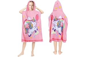 Queenshin Badeponcho Badetücher Badehandtuch Kinder, Mikrofaser Bademantel Strandtuch Kinder Rosa Einhorn Ultra Weich und Saugfähig Handtuch mit Kapuze für Mädchen Jungen 3-10 Jahre, 75 x 65 cm