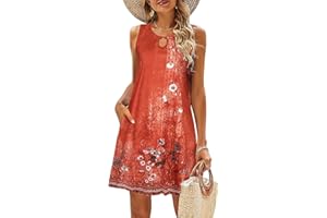VEUNCOS Sommerkleid Damen Knielang Boho Ärmellose Tunika Kleid Freizeit Swing Strandkleider mit Taschen
