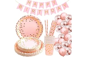 ASSUGO pappteller rosa Kindergeburtstag , Partygeschirr Rosegold 119-teiliges Set ,Wiederverwendbar pappteller Geburtstag tischdeko Set für Teller Becher Strohhalme Banner und Luftballons (20 Gäste)
