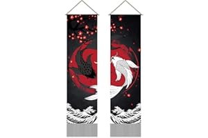 AHANDMAKER Confezione da 2 arazzi verticali in stile rétro con carpe, stile bohémien, con carpe, Yin Yang, nappe, da appendere alla parete, per camera da letto, soggiorno, casa, 33 x 130 cm