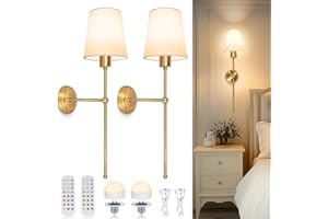 Dehobo Battery-Operated Wall Sconces with Fabric Shade, Rechargeable LED Wall Lights Set of 2, Dimmable Wireless Lamp with 3 Color Temperature, 12 RGB and Remote for Bedroom Living Room Hallway