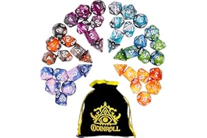 ODINROLL Set di Dadi Poliedrici, 42 Pezzi - 6 Set di Dadi per GDR con 1 Borsa per Dungeons and Dragons D&D RPG MTG Giochi da Tavolo, Include D20, D12, D8, D6, D4, D10 (0-9) e D10 (00-90)