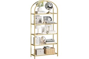 VASAGLE 5 Tier Shelf, Tempered Glass Shelving Unit, Arched Design, Steel Construction, for Living Room, Working Bathroom, Golden Color LGT050A01