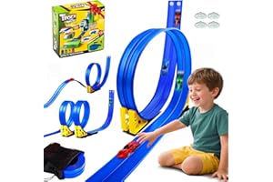 Alitree Circuit de course automobile 5 m avec 4 voitures, circuit de course avec looping et piste en U, roule sur double piste de course, autoroute DIY, jouet portable pour enfants à partir de 3 ans