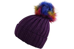 Itzu Girls Ribbed Beanie Hat Chunky Detachable Faux Fur Bobble Pom Turn Up Youth Kids Many Colours!