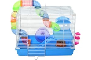 PawHut Cage pour Rongeur Hamster 2 Niveaux avec Tunnel, Bouteille d'eau, Roues, Maison, échelle dim. 46L x 30l x 37H cm