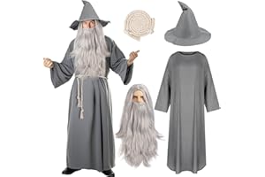 iZoeL Costume Sorcier Homme Déguisement Magicien - Sorcier Chapeau Perruque Fausse Barbe Vêtements Corde de Chanvre, Costume Carnaval/Halloween/Noel/Anniversaire/Fête pour Homme Femme