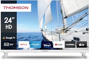 THOMSON 24 Pulgadas (60cm) Google TV HD Blanco Adaptador 12V Control de Voz Smart TV - 24HG2S14CW - 2024