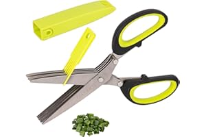 GOURMEO Herb Scissors - Stainless Steel Multi Blade Food Shredding Cutter - Kitchen Chopping Scissors with 5 Blades and Cover & Comb for Herb Removal