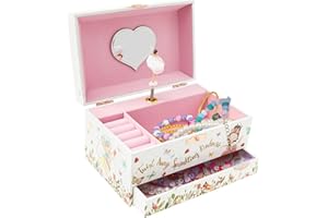 Alongen Musical Jewellery Box for Girls, 2 Layer Kids Dancing Music Box with Mirror Jewelry Organizer with Drawer Bracelet Ring Holder Case for Girls Kids Present(White)