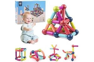 DOEDOEFONG Costruzioni Magnetiche per Bambini, Bastoncini Magnetici E Sfere Da Costruzione Set Di 64Palline Aste Impilabili Gioco Puzzle Blocchi Giocattoli Educativi Bambini Mattoni Kit Regalo Ragazzi Ragazze