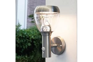 NBHANYUAN Lighting Outdoor Wall Light with PIR Motion Sensor, 4 Lighting Modes,SUS304 Stainless Steel,IP54 Waterproof,3000K Warm White,9W 1000LM,Silver Exterior Wall Lamp