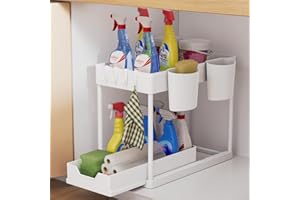 AIXPI Küchen Organizer 2 Etagen, Unter Waschbecken Regal mit Haken und Tasse Gewürzregal Spülschrank Organizer Küchenregal Schrank Organizer für Badezimmer Küche Weiss