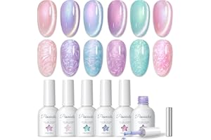 PEACECOLOR Pearl Gel Nail Polish, 6 Colours Cat Eye Soak-Off UV/LED Polish Purple Pink Rose Blue Magnetic Mermaid Swirl Shell Gel Polish with Magnet for DIY Manicure Gifts for Women, 10ML