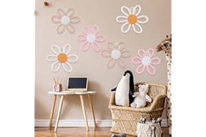 MOROBOR 6 Pcs Boho Daisy Flower Wall Decor, Nursery Wall Art Decor Flower Nursery Home Wall Decor Woven Macrame Wall Hanging Decor for Home Bedroom Decorations (Pink&White)