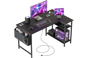 Mericonia Small L Shaped Desk with Power Outlets,100 cm L Computer Corner Desks with Reversible Shelves, Gaming Desk, Study Writing Table for Home Office, Black