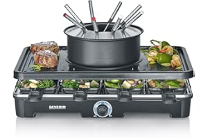 ‎SEVERIN SEVERIN Raclette-Fondue-Kombination für 8 Personen, 2-in-1 Raclette Grill mit Grillplatte & Fondue-Set, Antihaftbeschichtung, inkl. 8 Pfännchen, Schabern & Fondue-Gabeln, spülmaschinengeeignet, RG2347