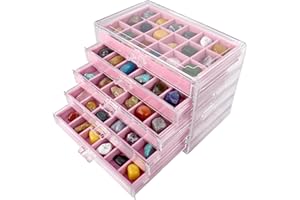 Dmnnlp Rock Display Case, 5 Drawers 90 Grids Acrylic Rock Collection Box, Storage Cases for Small Rocks Gemstone Fossil Crystal Stone Jewellery Collectibles (Pink)