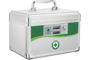 ZORVIDSON Lockable Medicine Box, Medication Storage, First Aid Safe Empty Box, Layered Aluminum Daily Medicine Lock Box with Key 10 x 6.88 x 6.88 Inch(Small - 10inch)