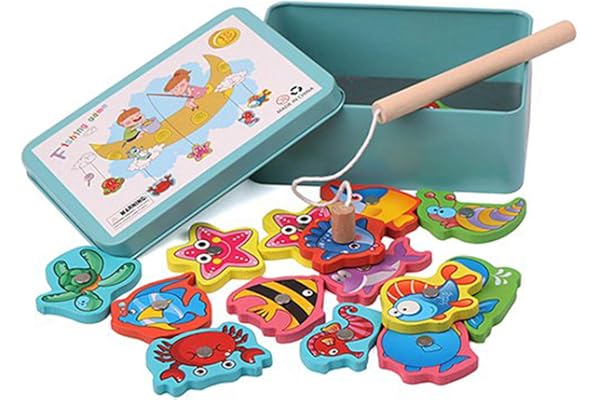 XLKJ 15pcs d'animaux de mer de mer Jouets de développement des compétences, Jeu de Pêche Magnétique en Bois