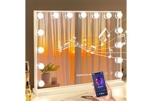 FENCHILIN Grande specchio per il trucco con altoparlante, Luce 3 modalità Hollywood, 15 lampadine LED, dimmerabile, da Tavolo, da Parete