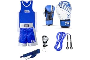 PRIME LEATHER Prime Kids Boxing Uniform Set of 5 Pieces Boxing Uniform + Boxing Wrap + Boxing Gloves 1004 4-OZ Blue (Blue-1004-4oz, 11-12 Years)