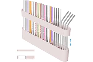 XYOFUN Silicone Straw Holder, 6 Slots Self-Adhesive Straw Dispenser Storage Organizer for Kitchen Counters/Cupboards/Refrigerator - Pink